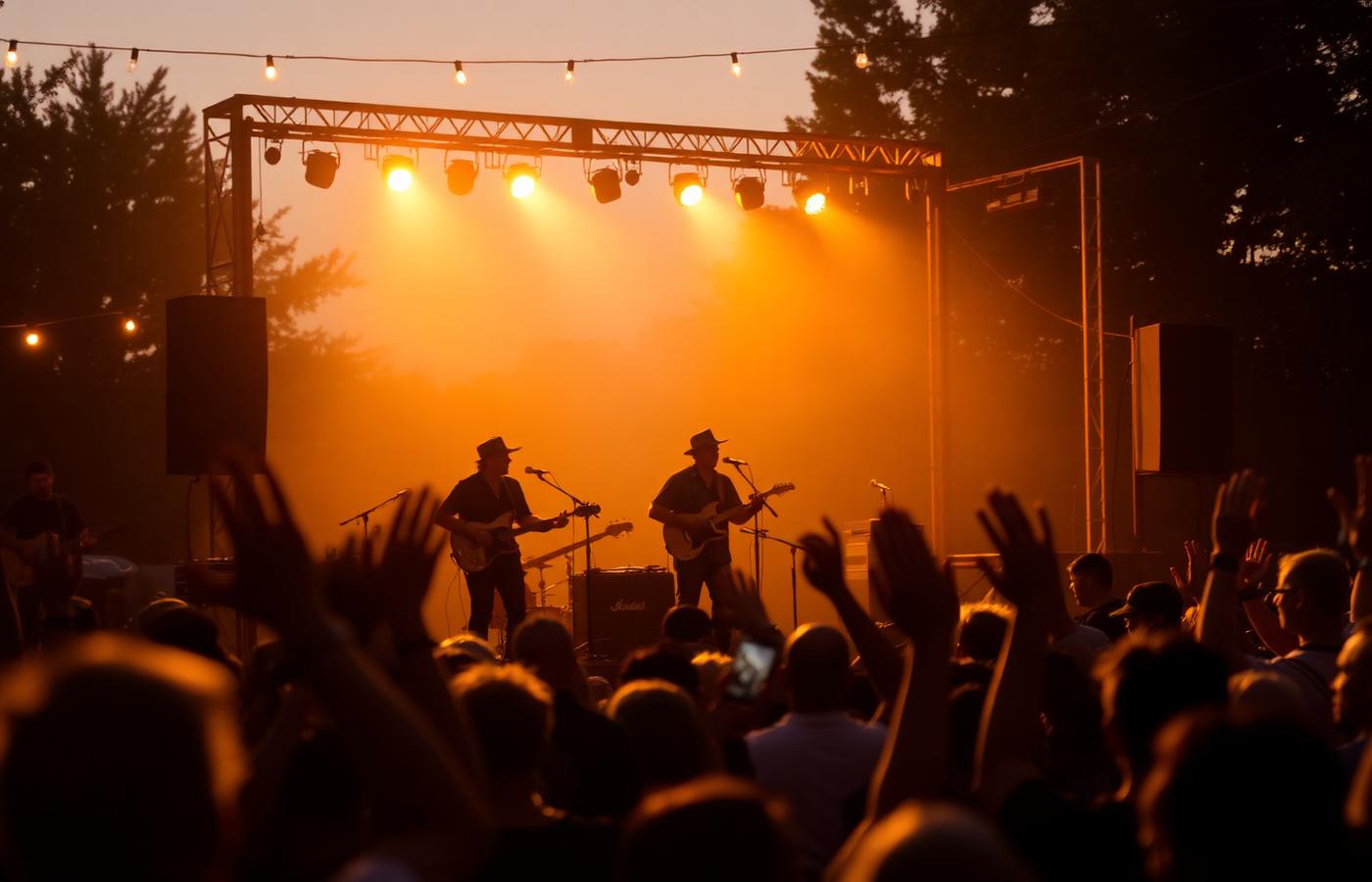 Band performing on a warmly lit outdoor stage at dusk